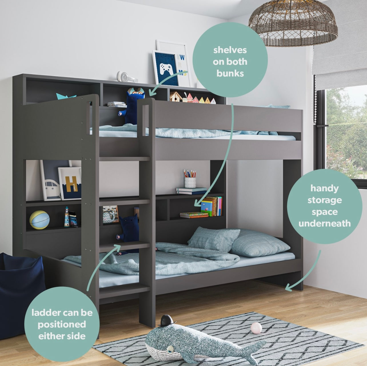 Kids Bunk Bed Wooden Frame Single Sleeper with Durable Shelving
