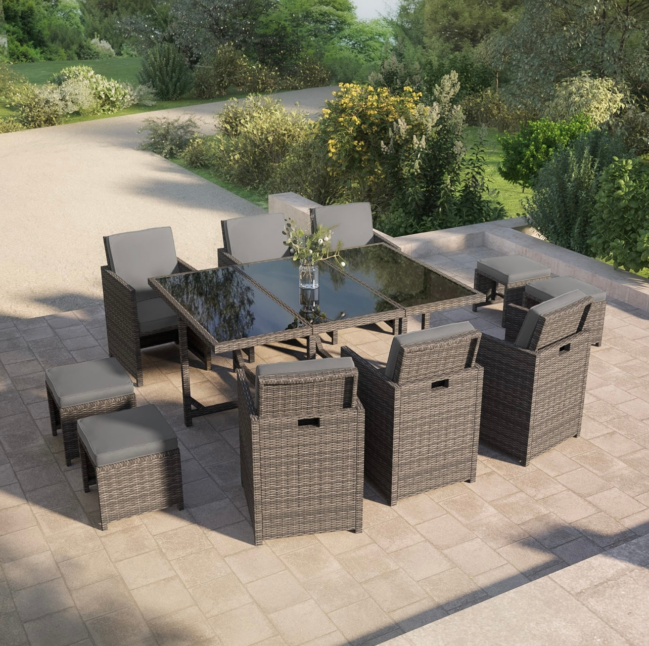 Rattan Garden Dining Set with Footstools Outdoor Patio