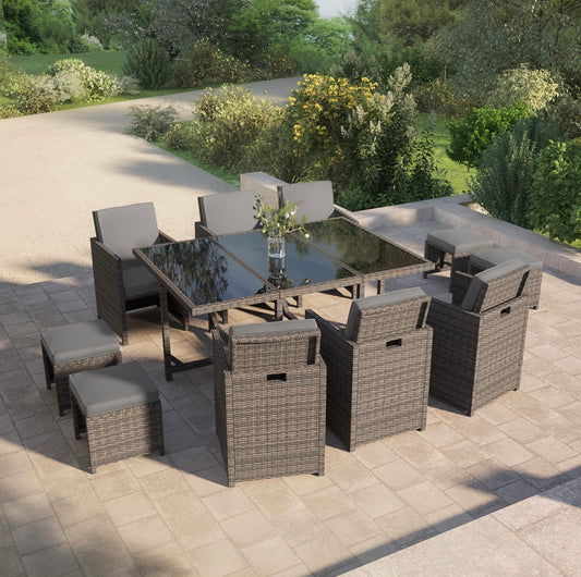 Rattan Garden Dining Set with Footstools Outdoor Patio