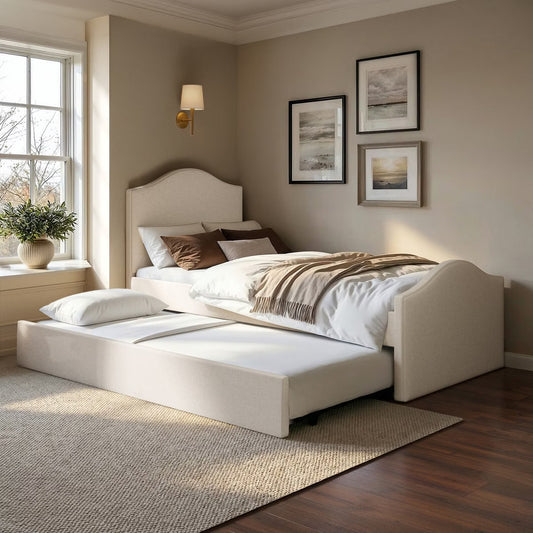 Cream Single Guest Bed Cleveland with Pull Out Trundle