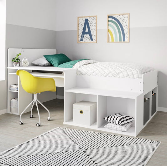 Kids Mid Sleeper Cabin Bed Frame Single with Shelves and Built in Desk