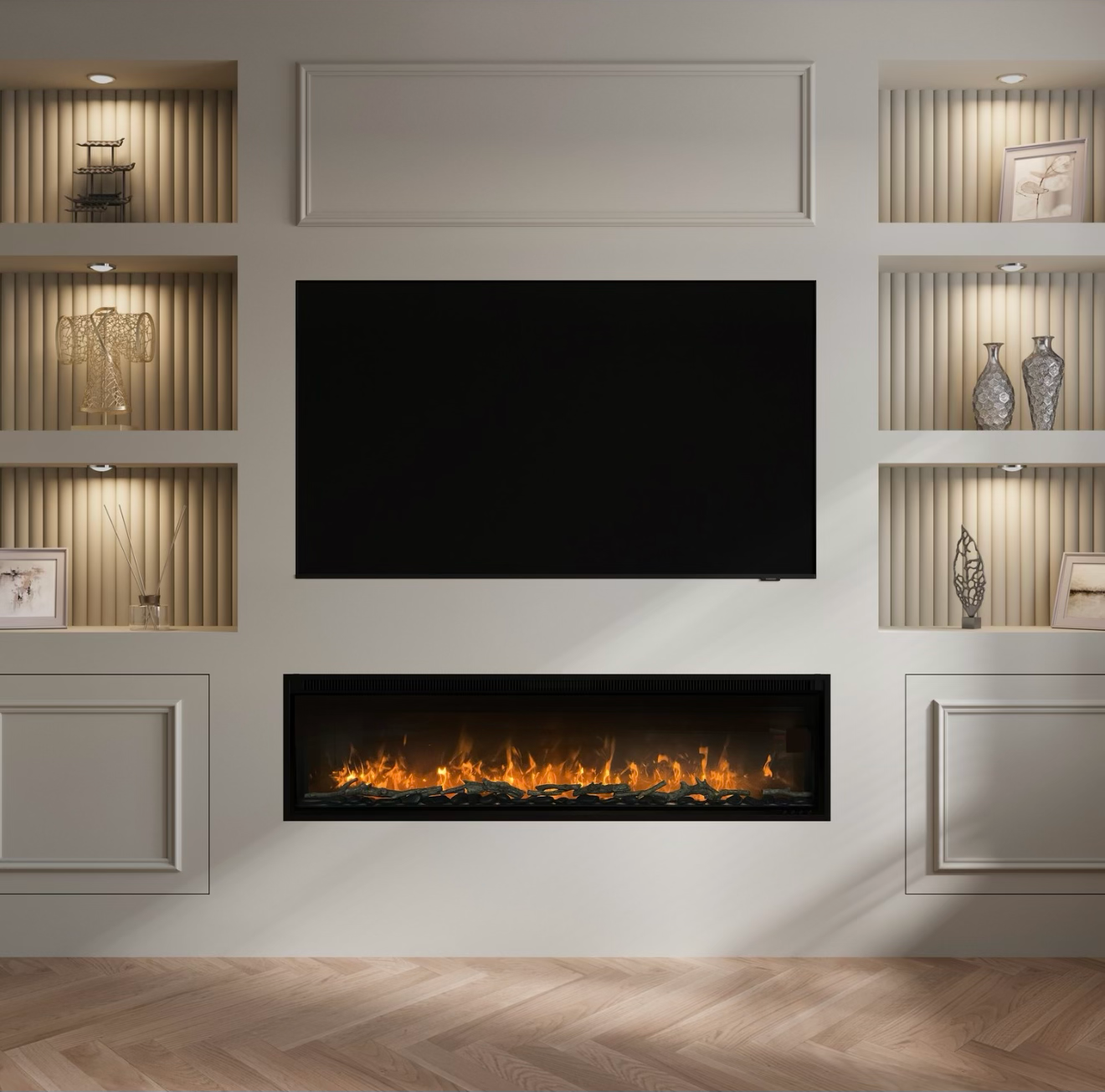 Inset Electric Fire Media Wall 60 Inch with LED Flame and Remote Control