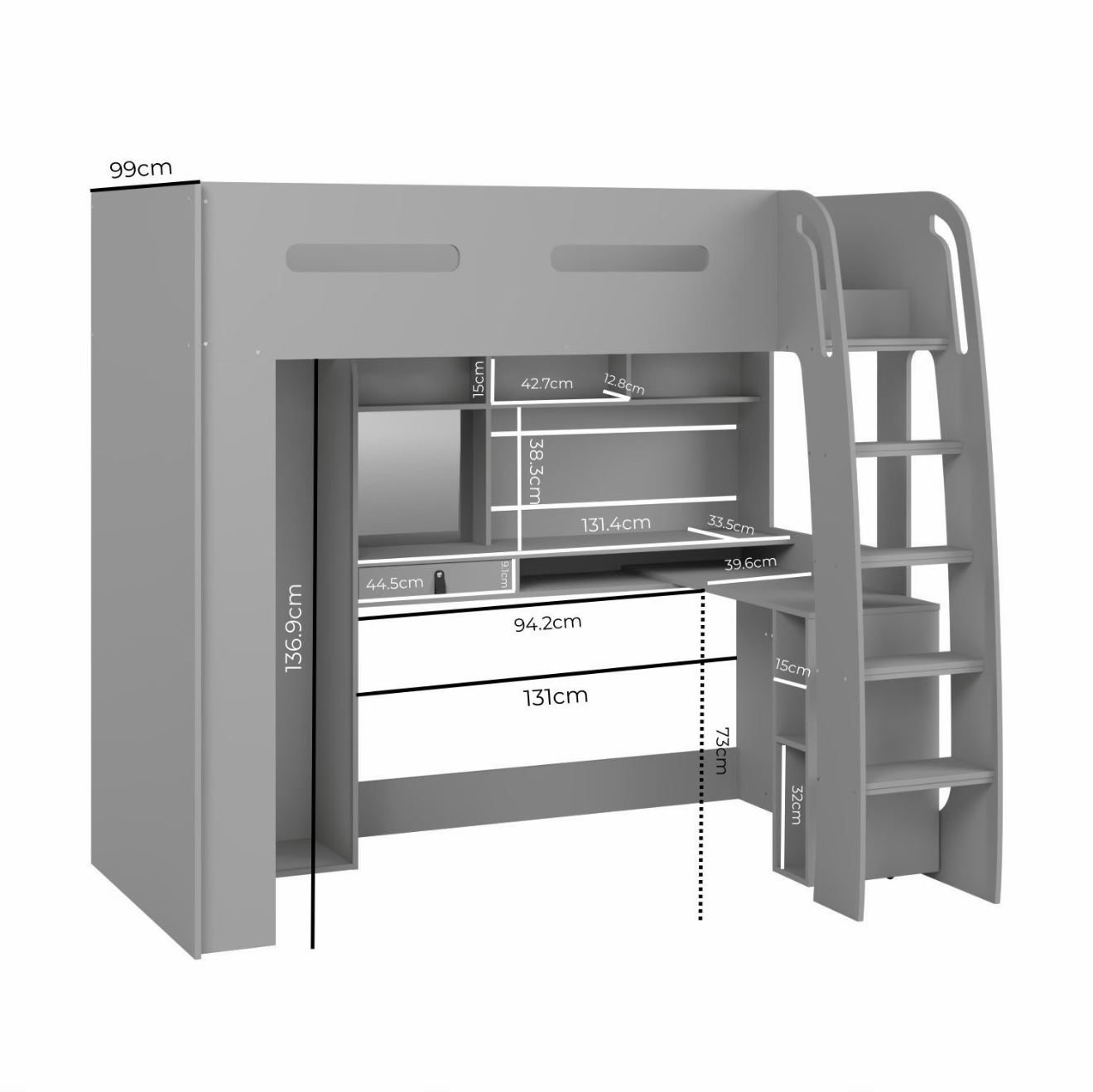 Kids Grey High Sleeper Bed Frame Single with Desk and Clothes Rail