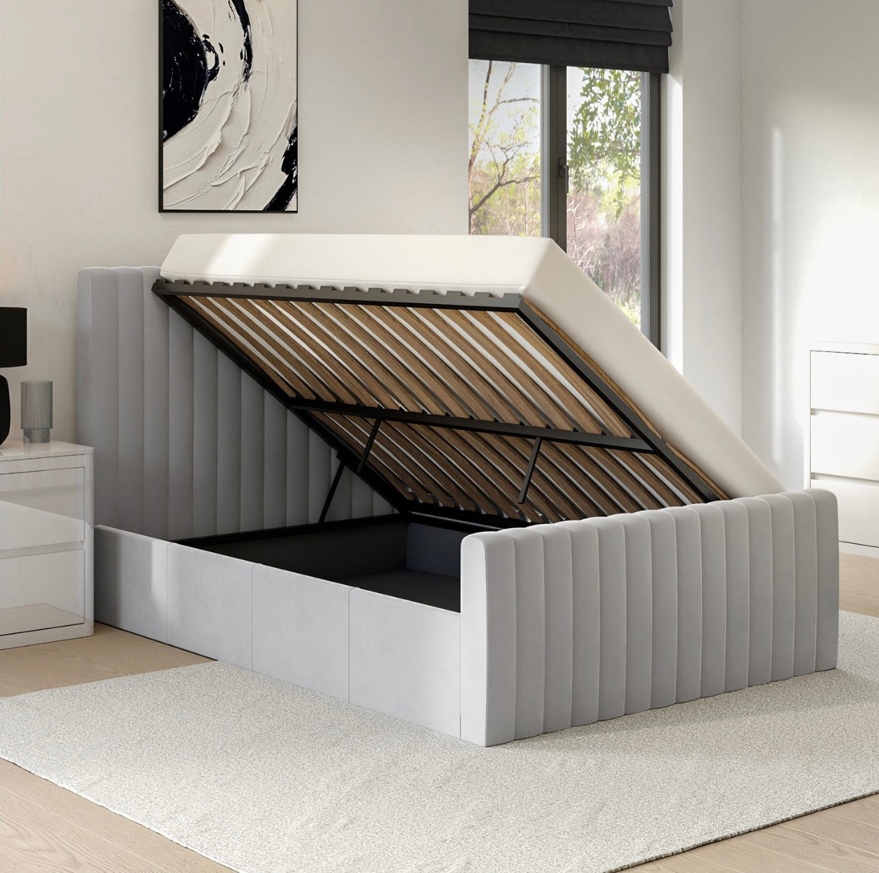 Velvet King Size Bed Frame Ottoman Storage Gas Lift