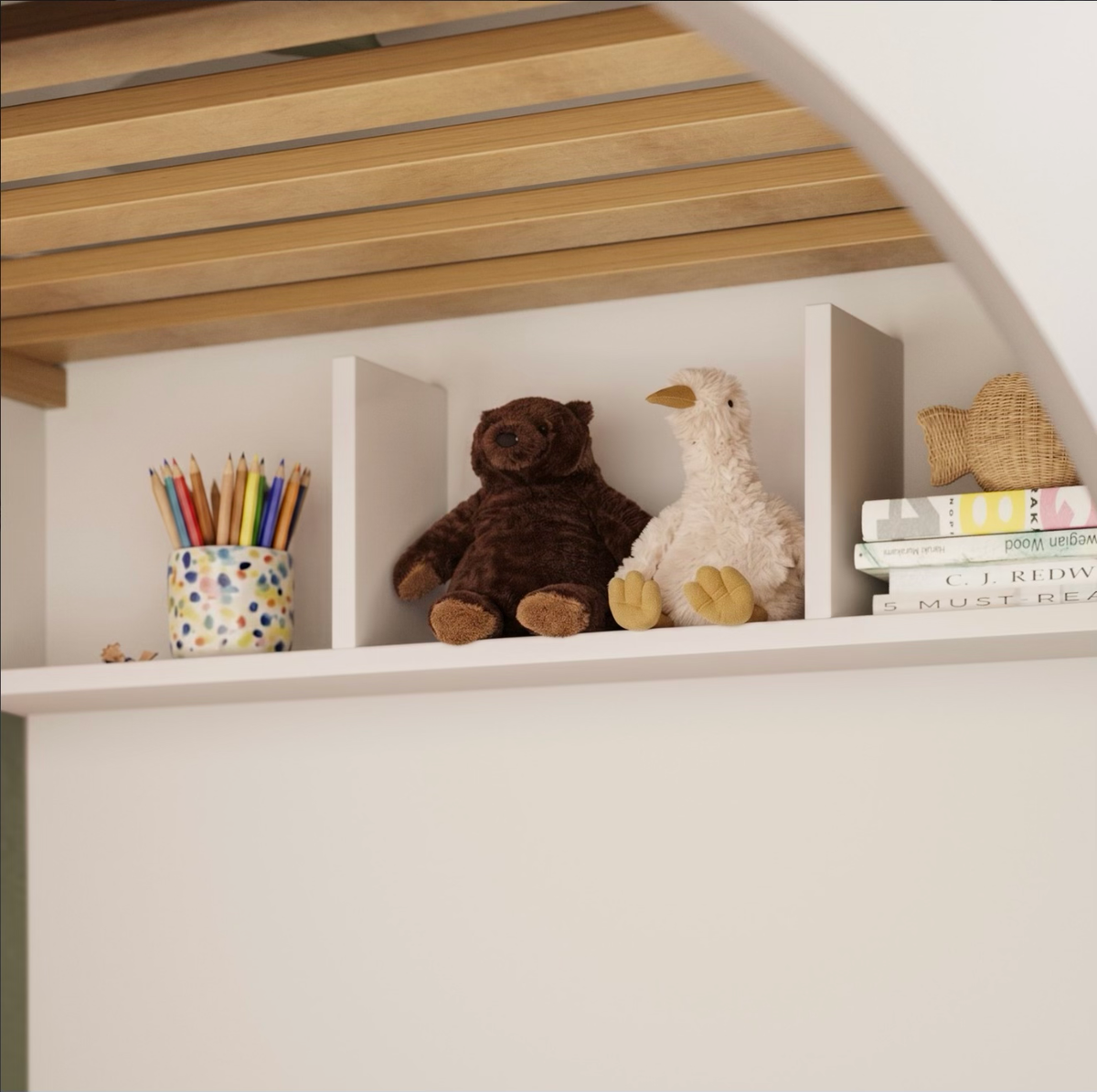 Kids White Bunk Bed with Storage and Shelves