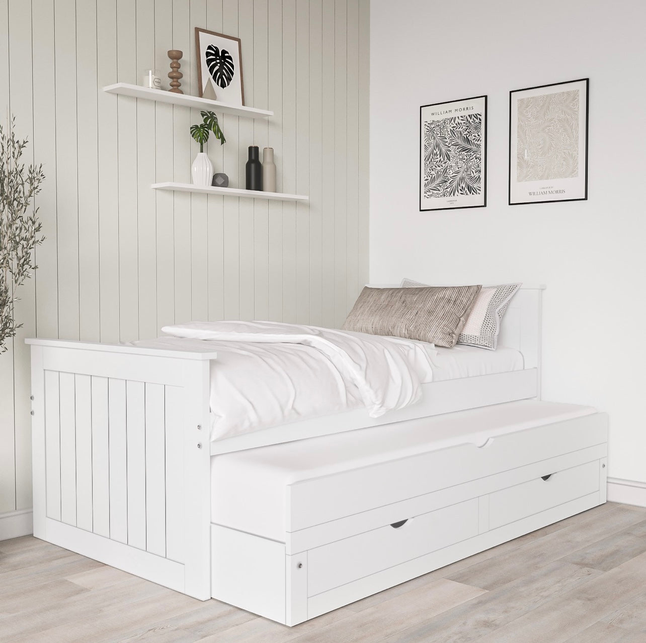 White Guest Bed Pull Out Trundle with Storage Drawers
