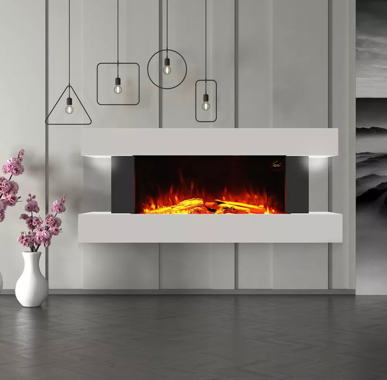 White Electric Fire Wall Mounted with LED Flame and Remote Control