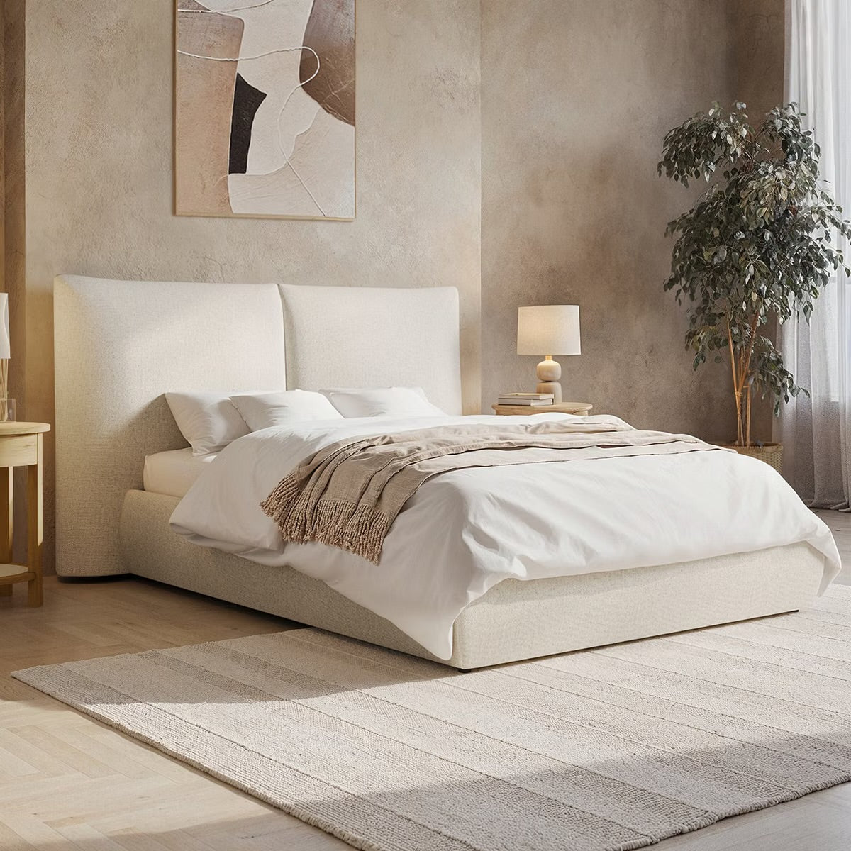 Beige Double Bed Ottoman with Storage and Headboard
