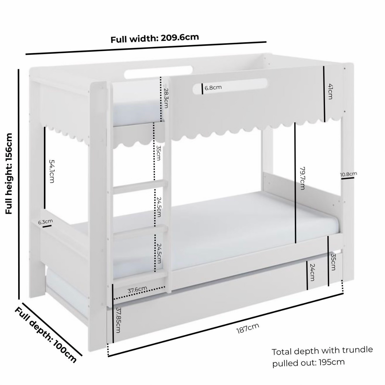 Kids Triple Bunk Bed White with Trundle