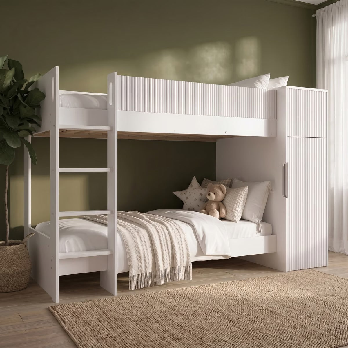 Kids Bunk Bed White with Wardrobe and Storage
