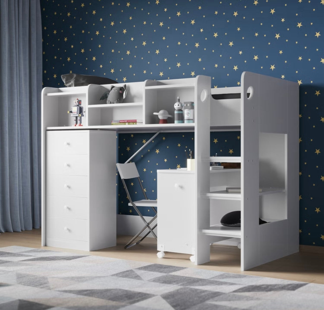 Kids Single High Sleeper Bed Frame with Storage and Desk
