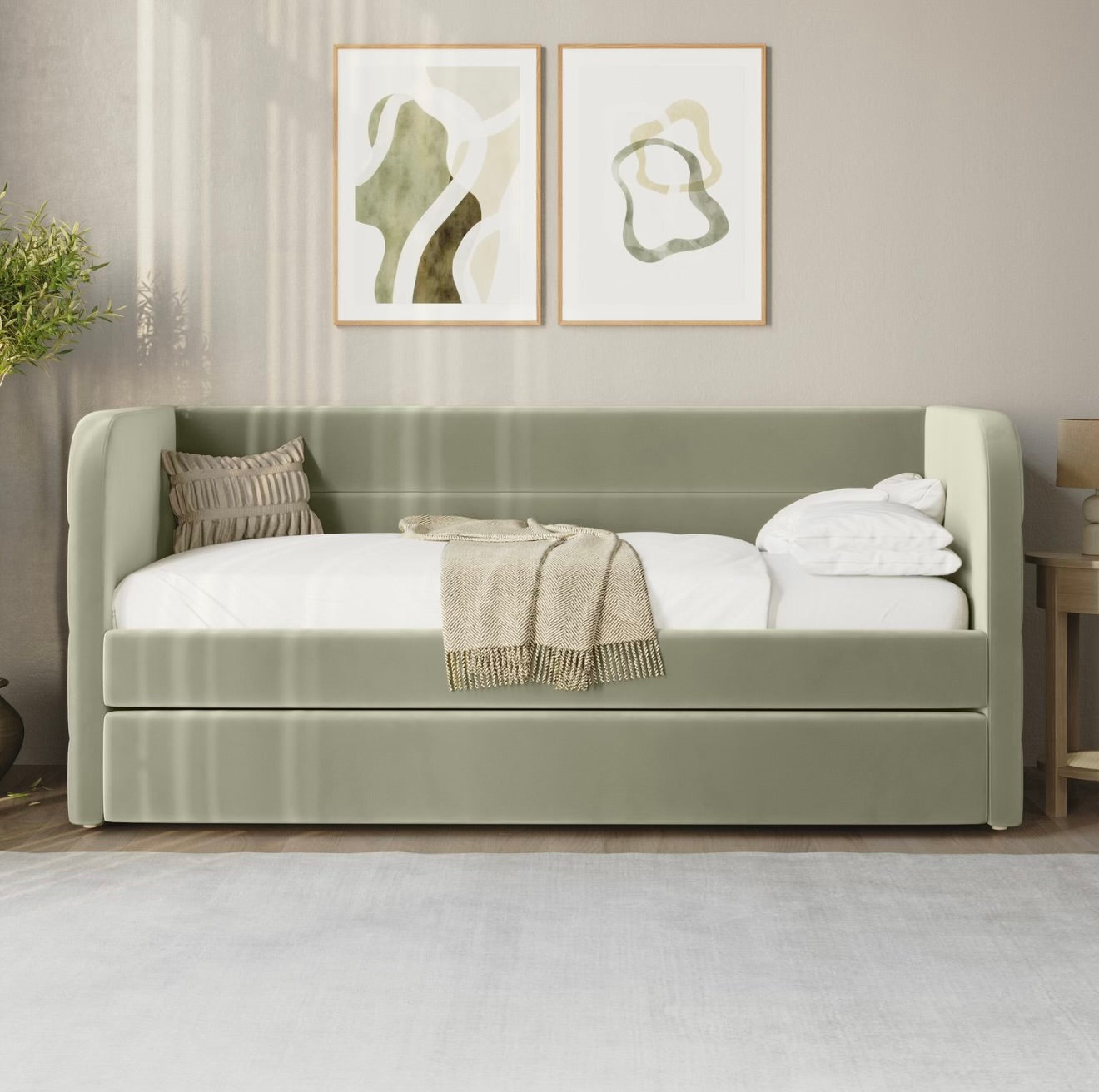 Velvet Daybed Single Guest Bed with Pull Out Trundle