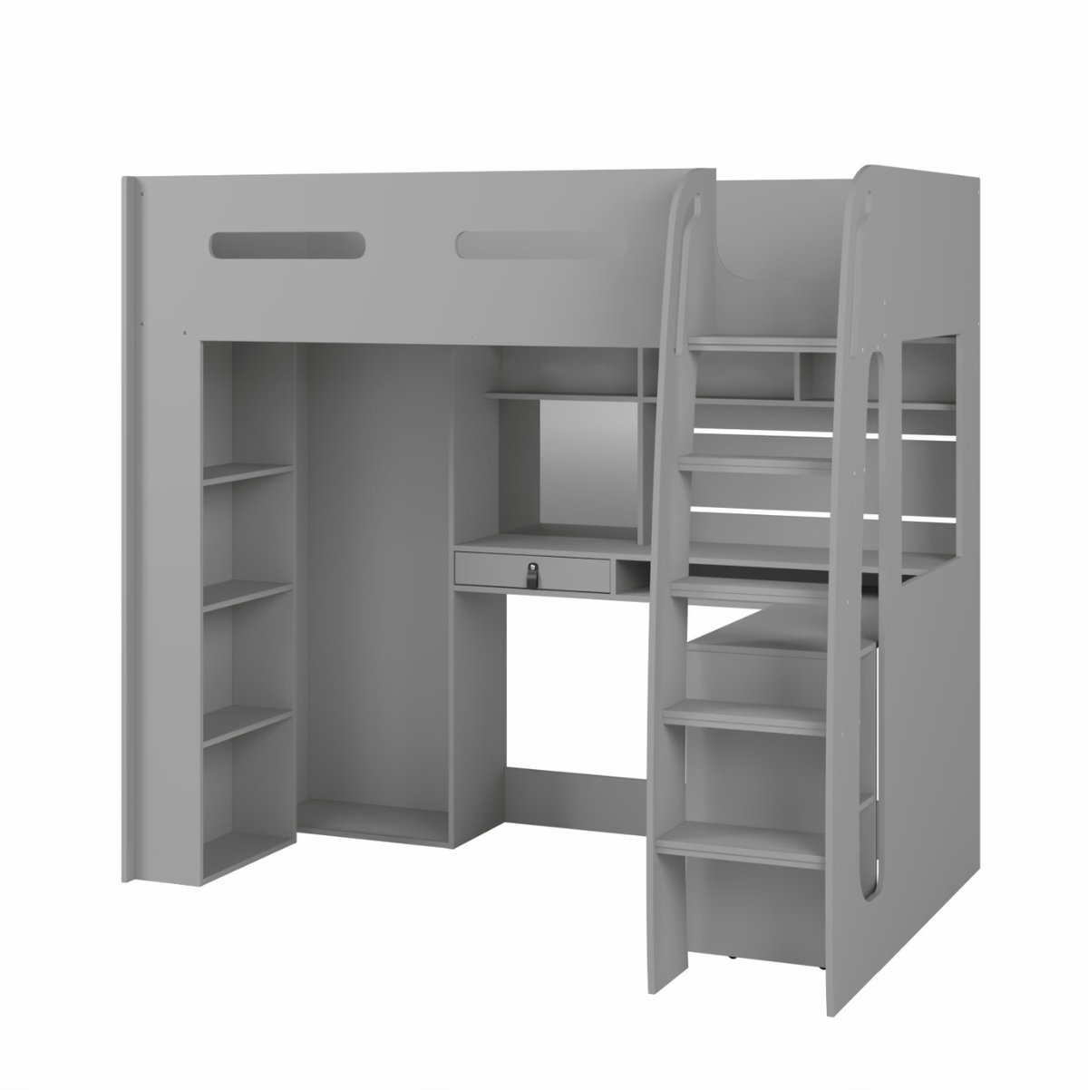 Kids Grey High Sleeper Bed Frame Single with Desk and Clothes Rail