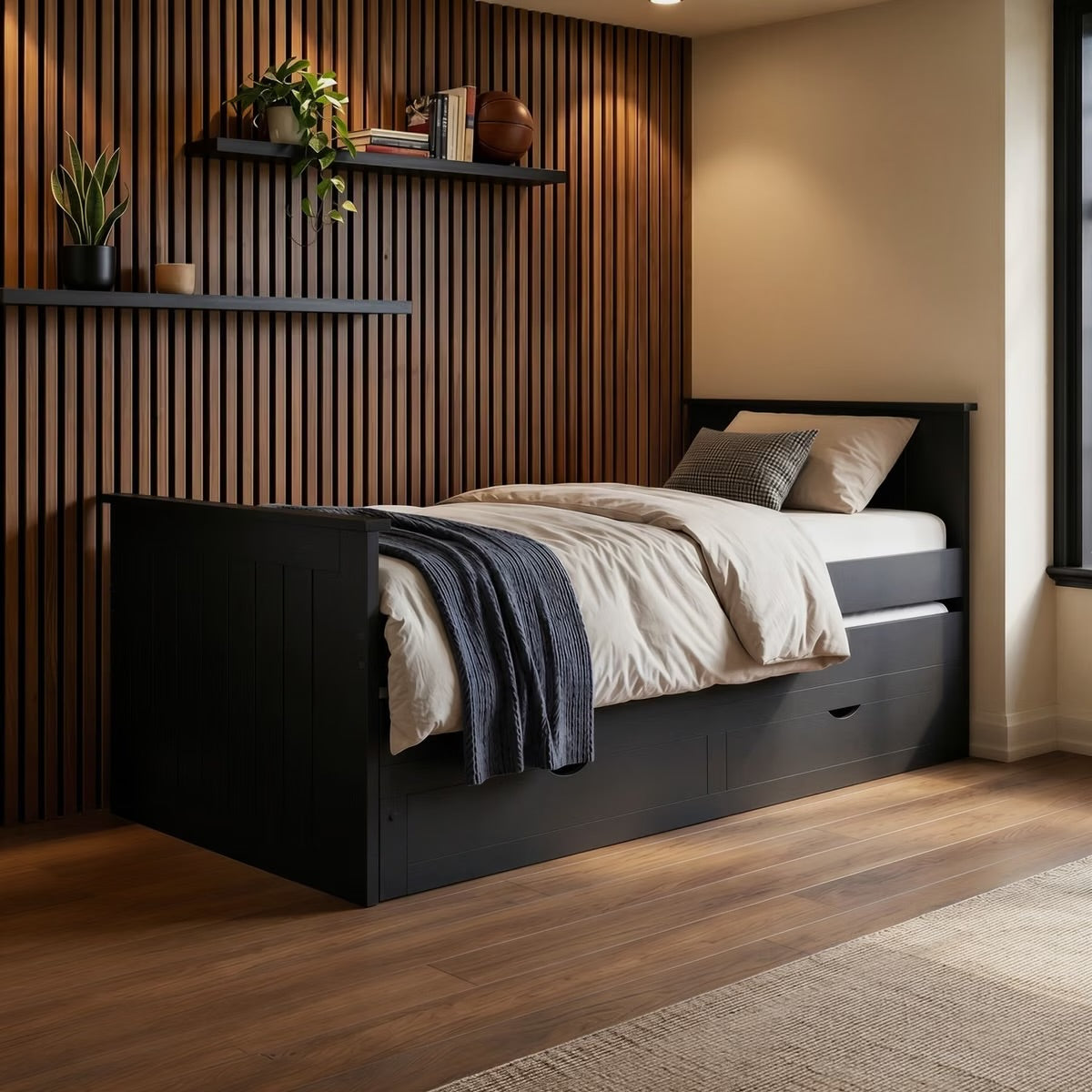 Black Guest Bed Pull Out Trundle with Storage Drawers