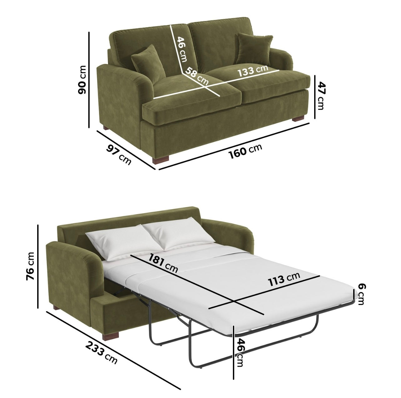 Velvet Sofa Bed 2 Seater Sleeper Sofa with Mattress and Cushions