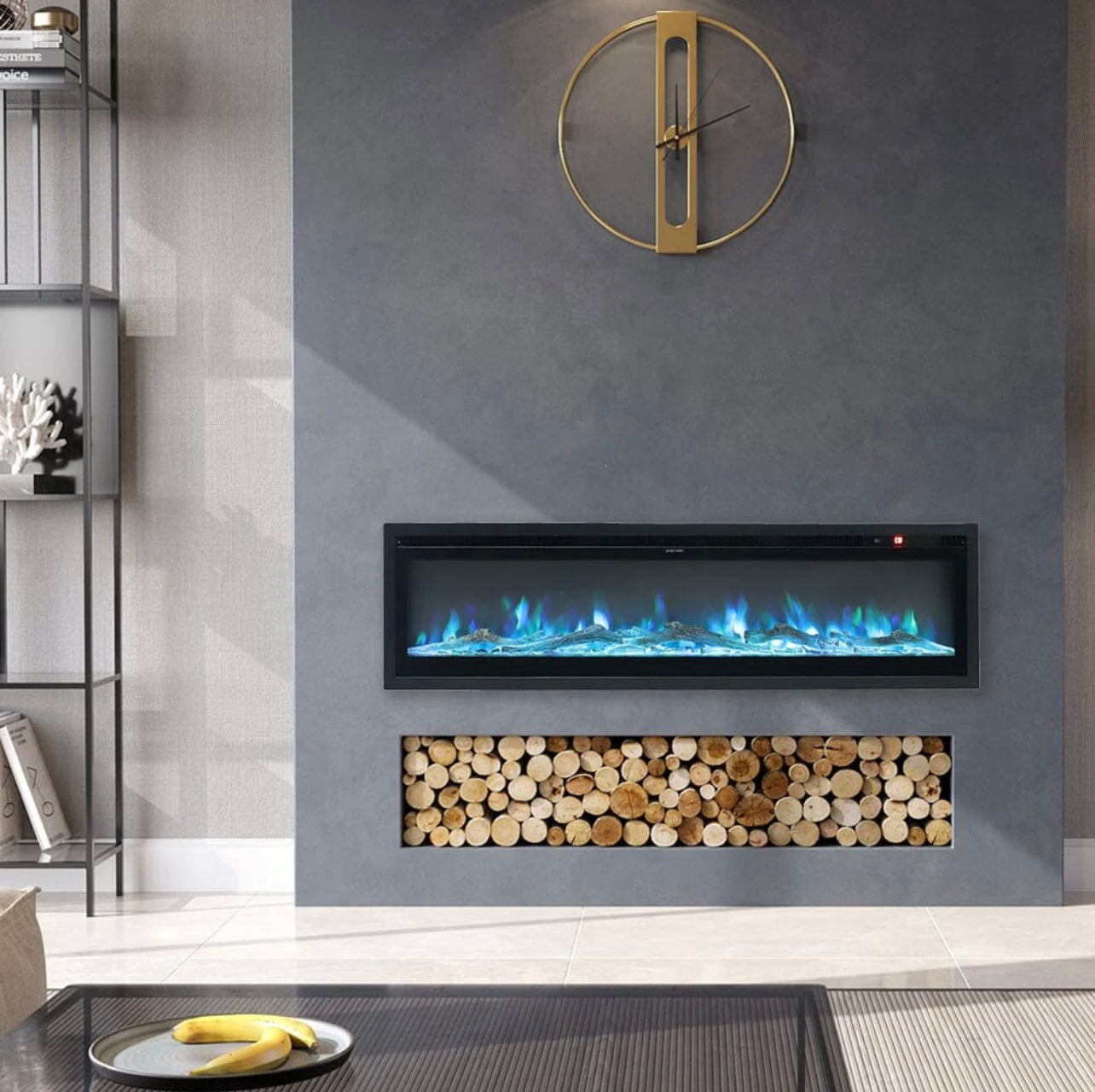 Inset Electric Fire Media Wall with LED Flame