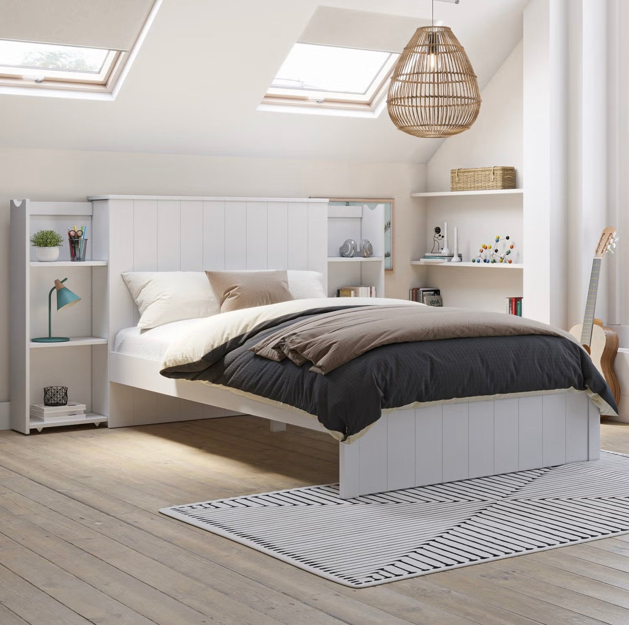 Modern Small Double Bed Frame Wooden with Storage and Bookshelves