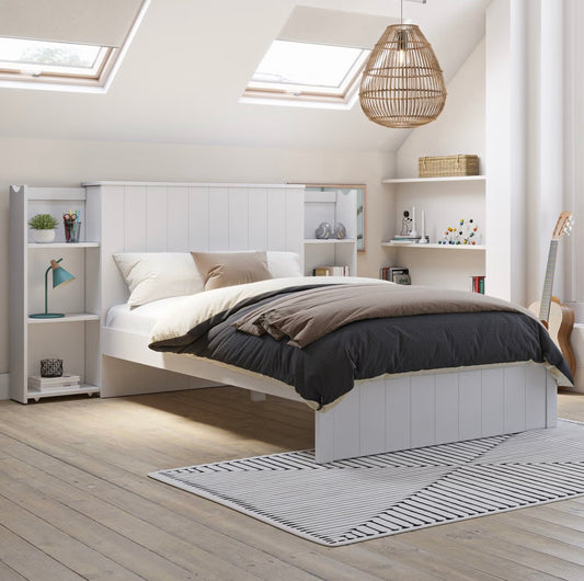 Modern Small Double Bed Frame Wooden with Storage and Bookshelves