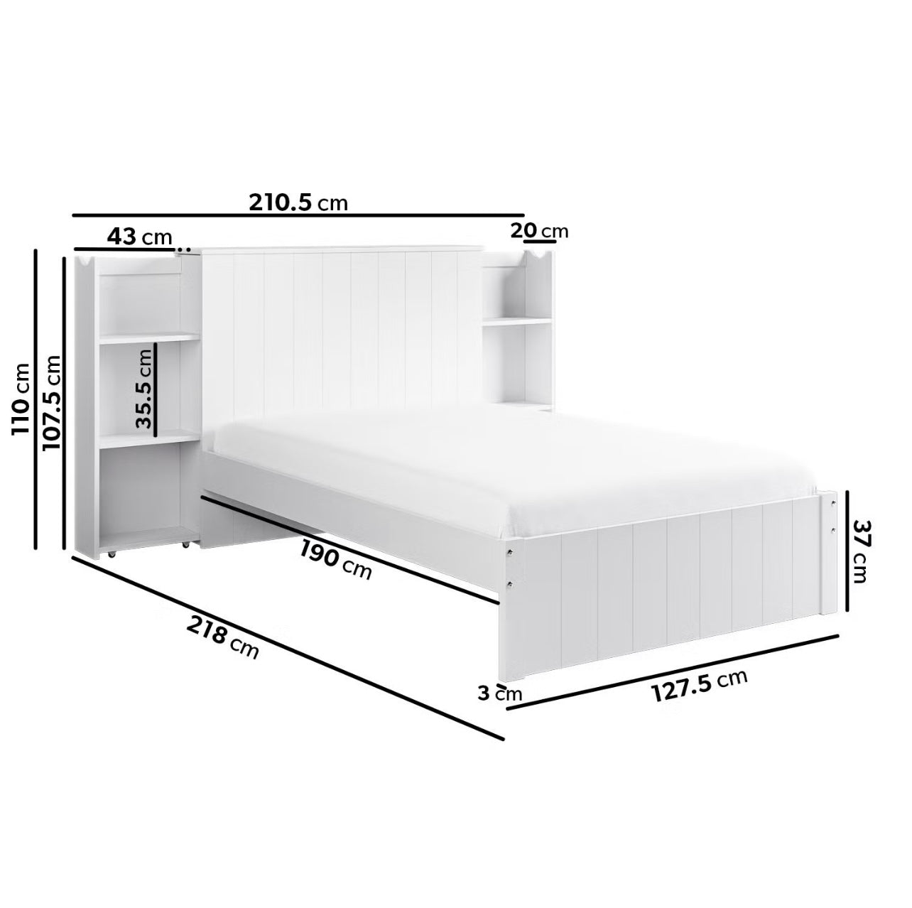 Modern Small Double Bed Frame Wooden with Storage and Bookshelves