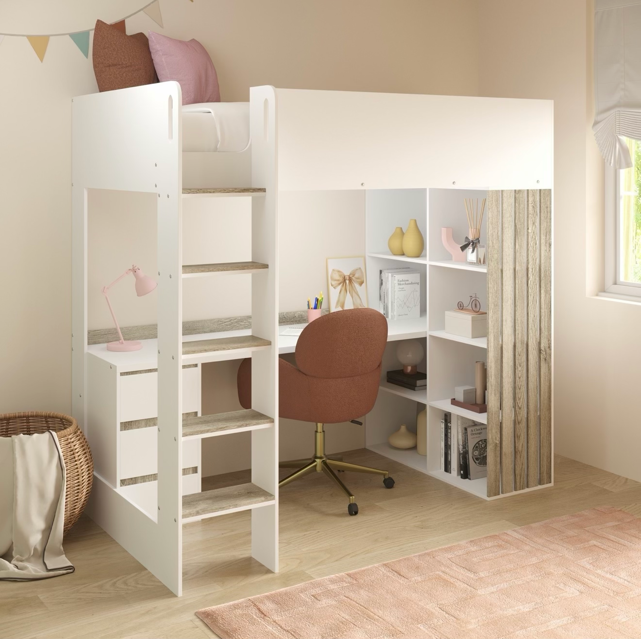 Kids High Sleeper Bed Single with Desk and Storage
