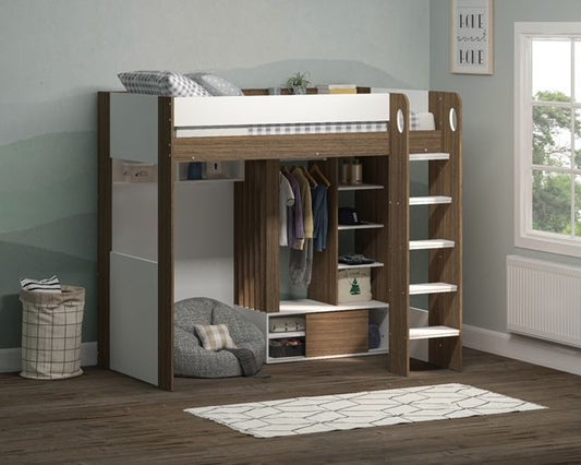 Kids High Sleeper Bed with Wardrobe and Integrated Storage