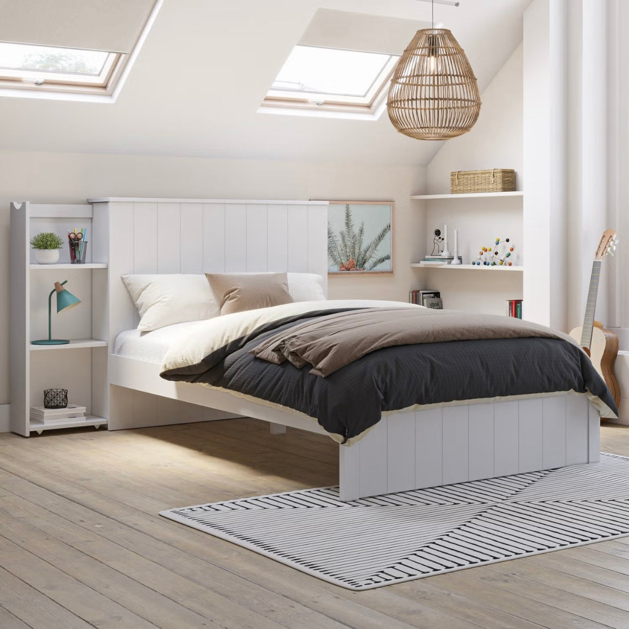 Modern Small Double Bed Frame Wooden with Storage and Bookshelves