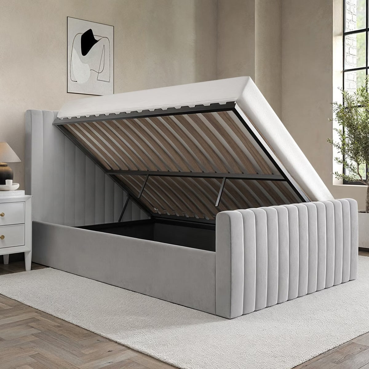 Velvet Double Bed Grey Ottoman with Storage Gas Lift