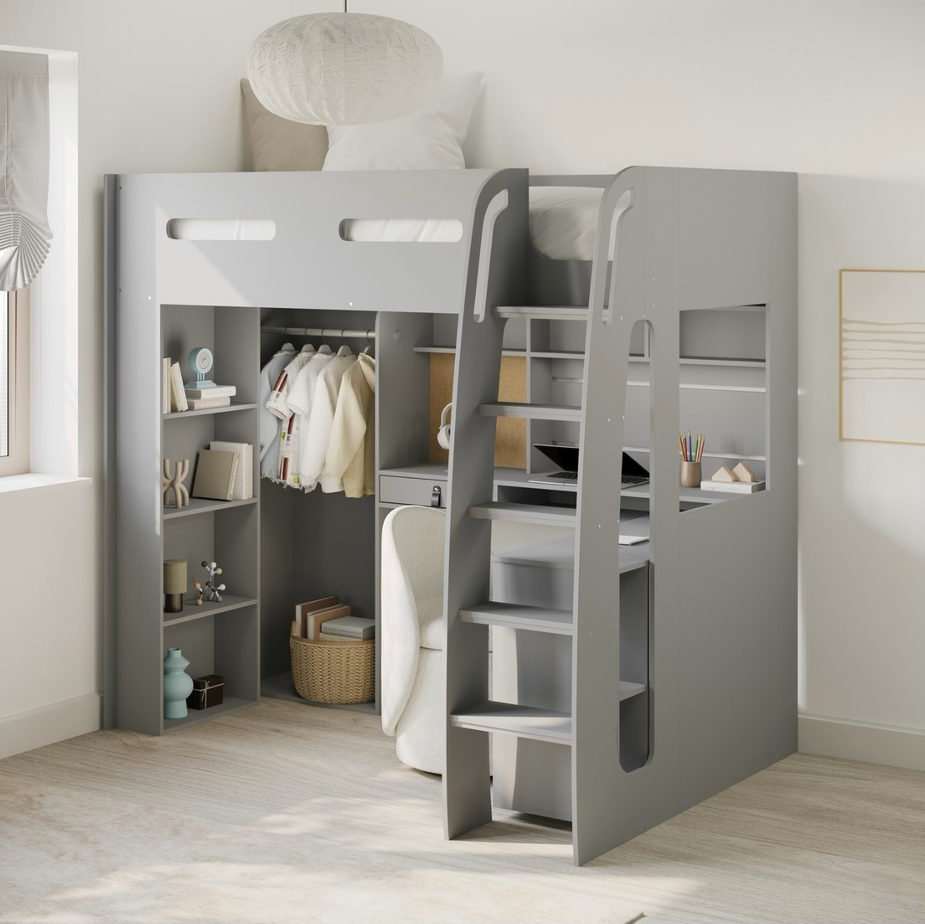 Kids Grey High Sleeper Bed Frame Single with Desk and Clothes Rail