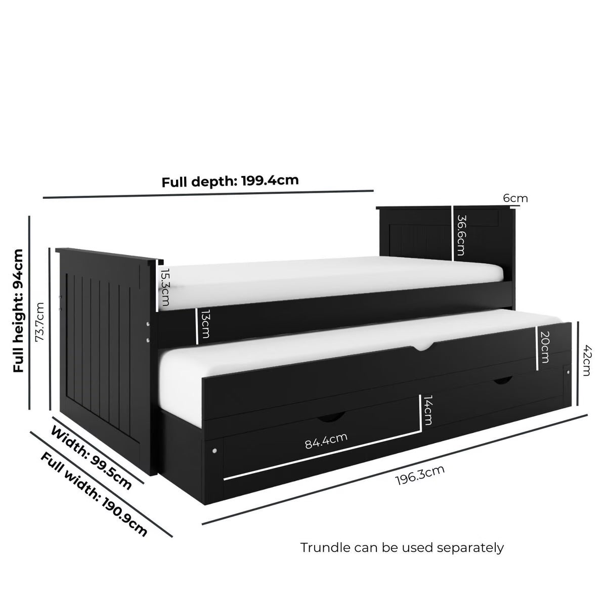 Black Guest Bed Pull Out Trundle with Storage Drawers