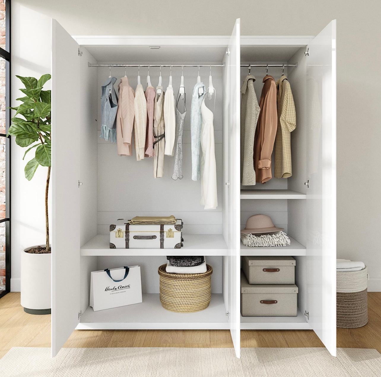 Mirrored Triple Wardrobe Hanging Clothes Rail and Storage Shelves