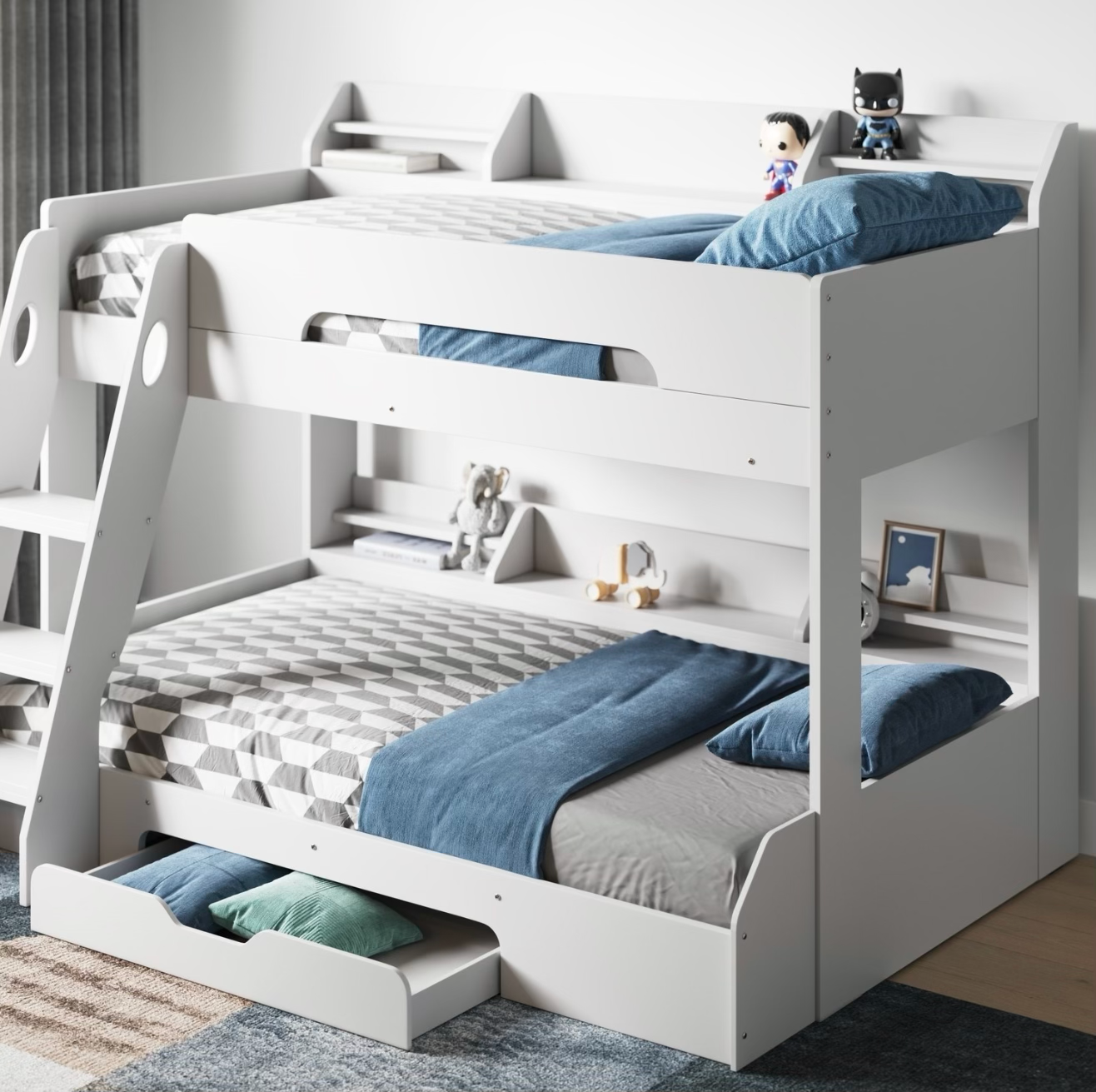 Kids Triple Bunk Bed with Storage and Shelves