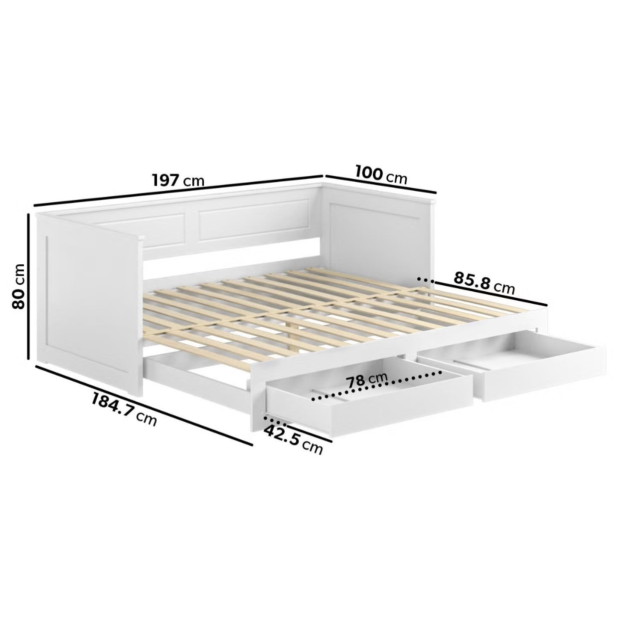 White Daybed Guest Double Bed with Pull Out Trundle and Storage Drawers