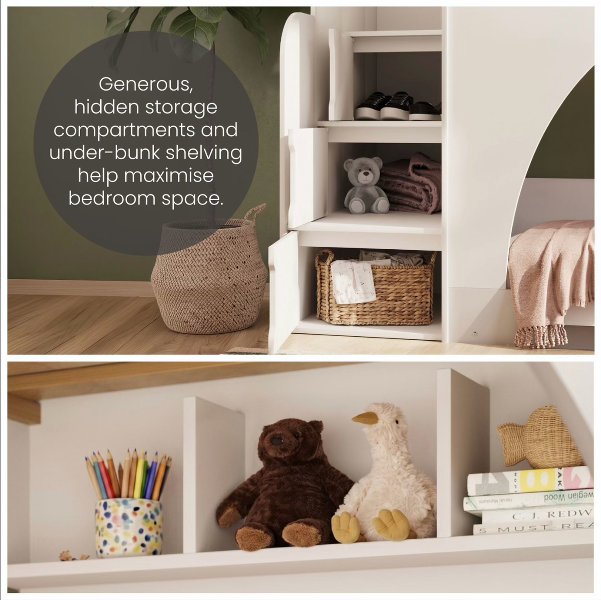 Kids White Bunk Bed with Storage and Shelves