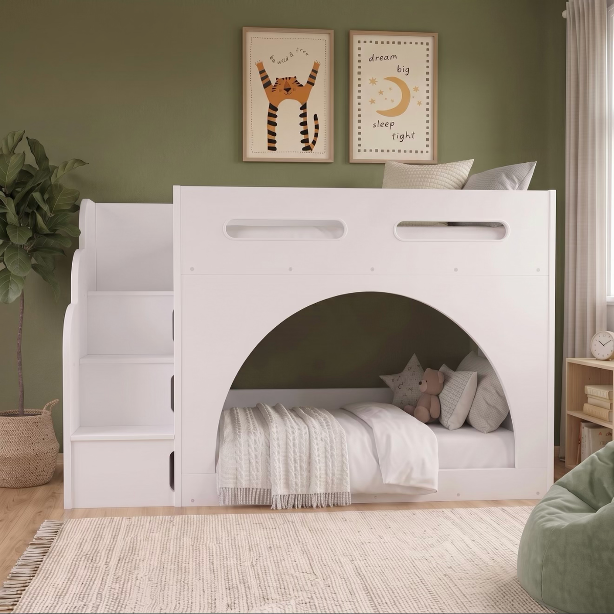 Kids White Bunk Bed with Storage and Shelves