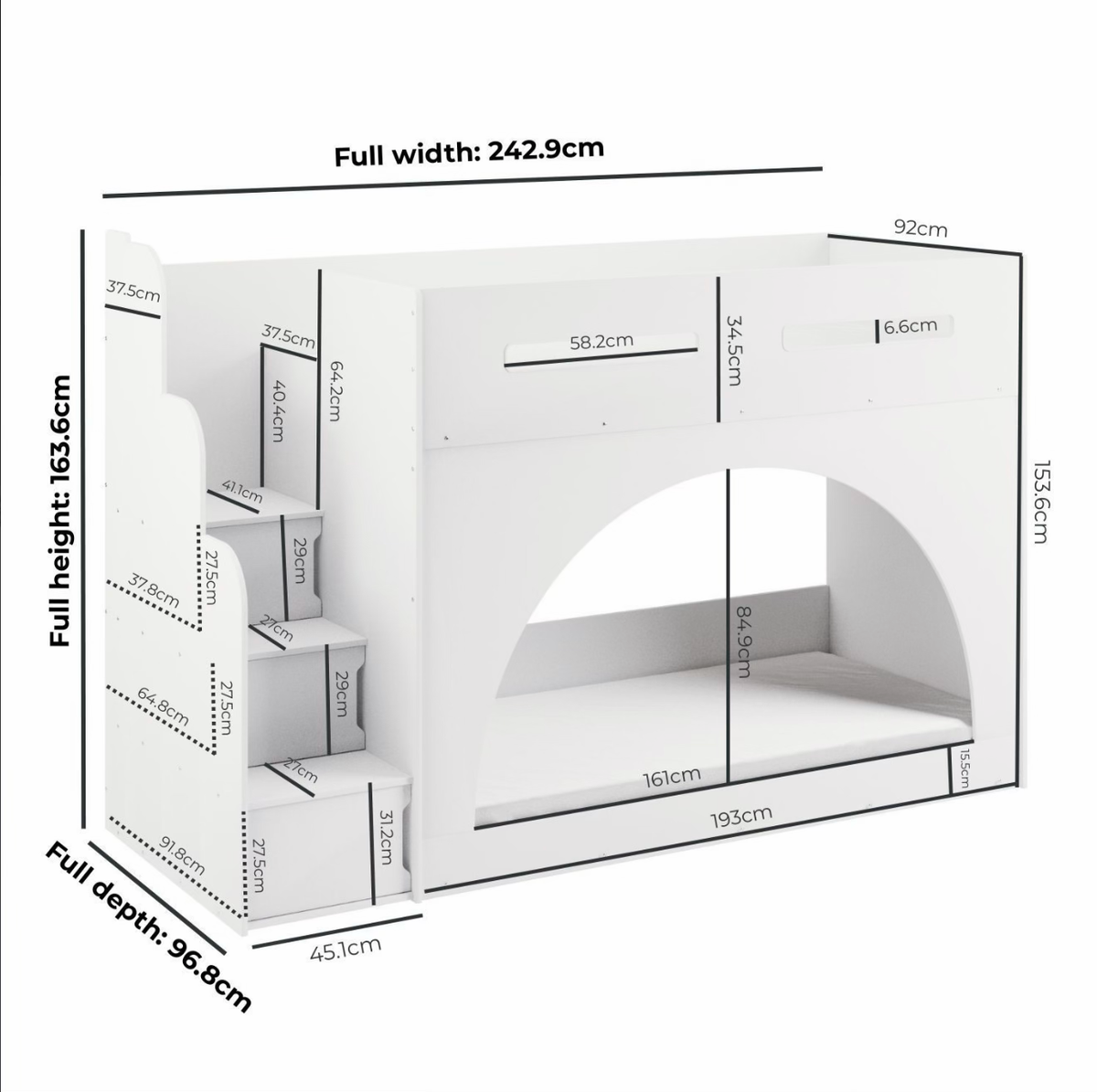 Kids White Bunk Bed with Storage and Shelves