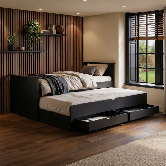 Black Guest Bed Pull Out Trundle with Storage Drawers