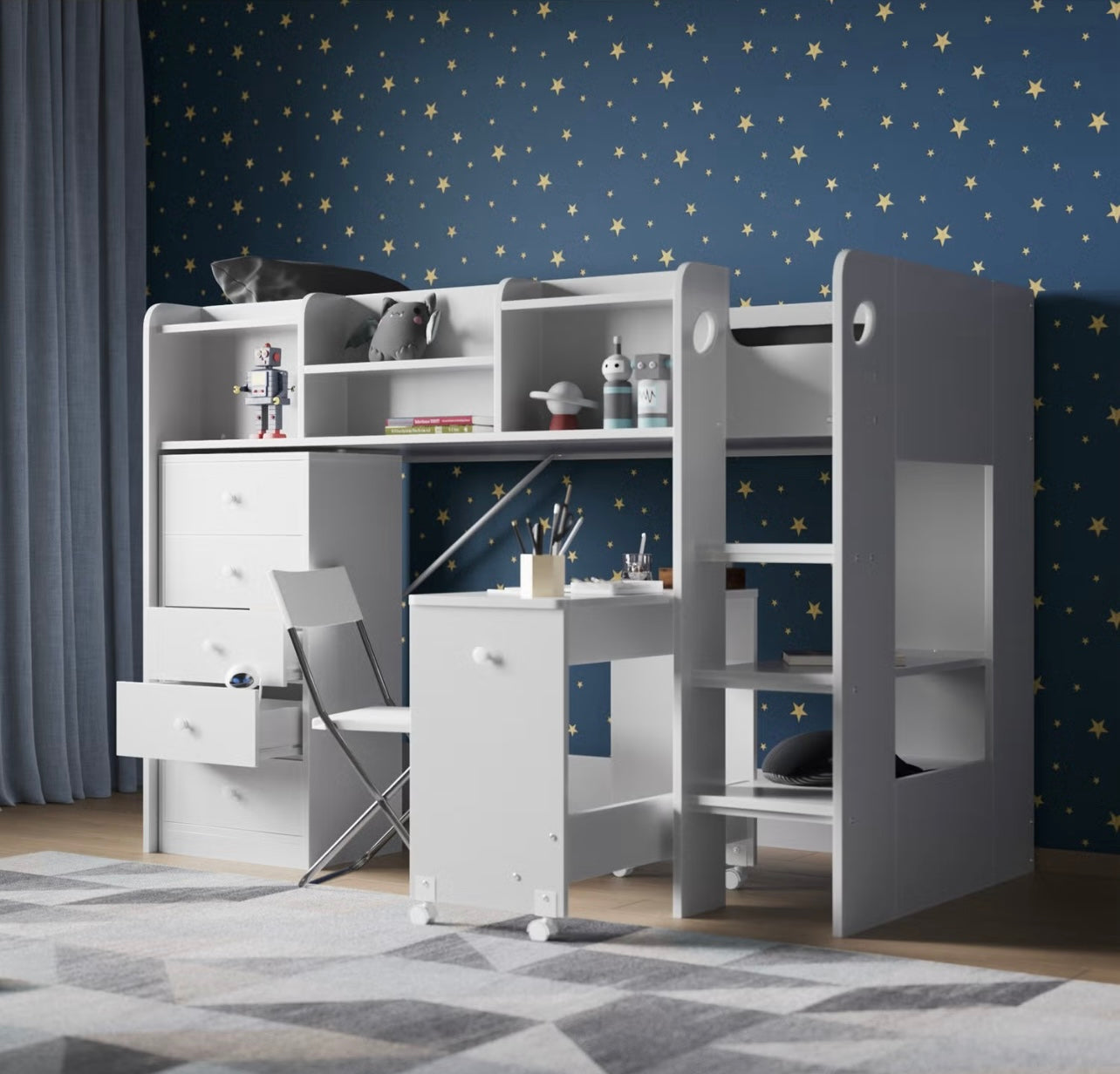 Kids Single High Sleeper Bed Frame with Storage and Desk