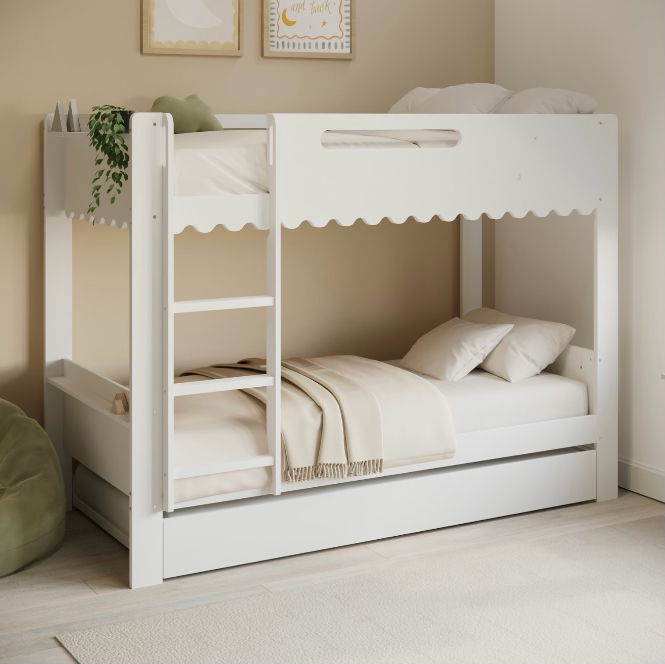 Kids Triple Bunk Bed White with Trundle