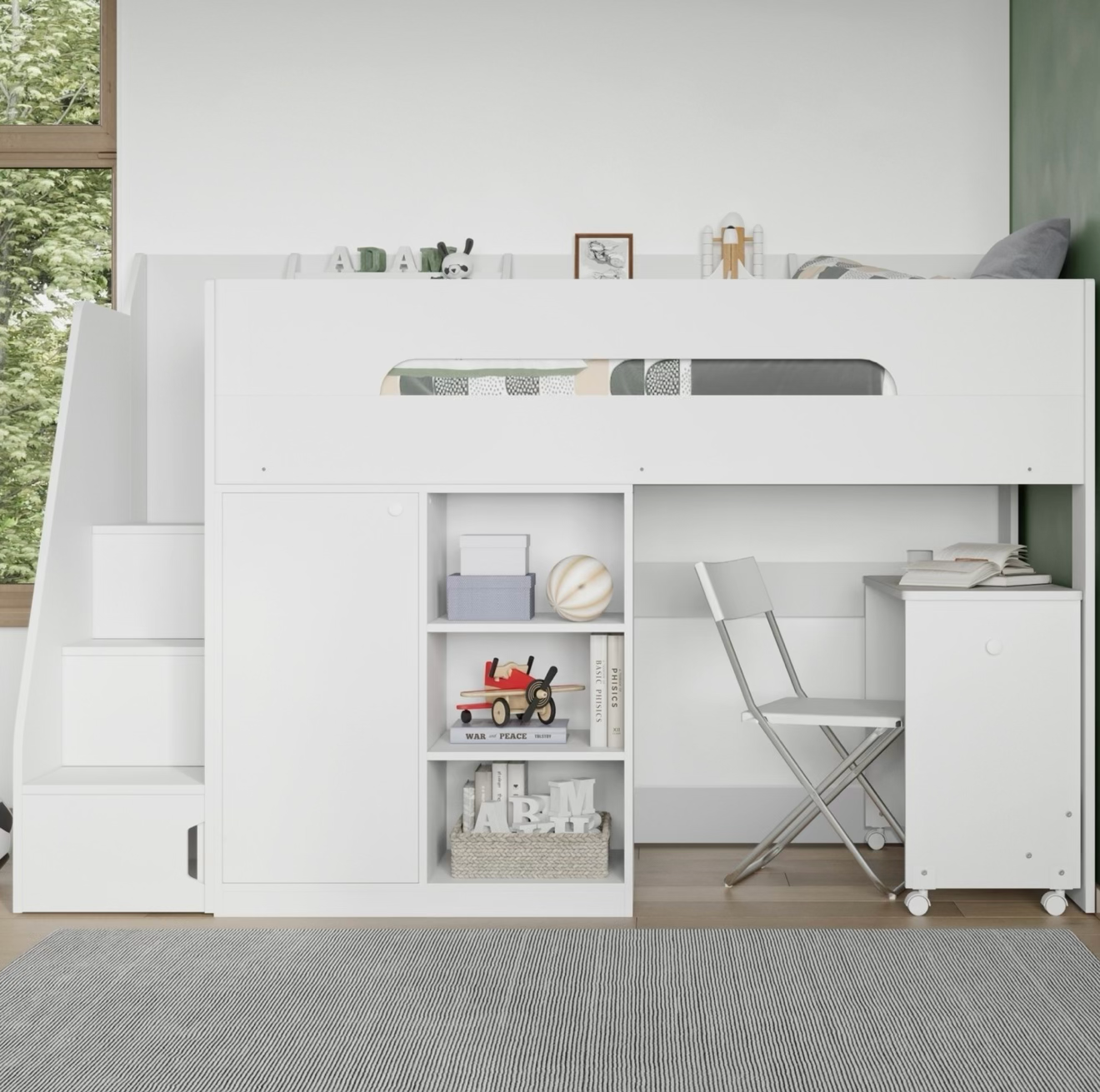 Kids White High Sleeper Bed Single with Desk and Clothes Rail