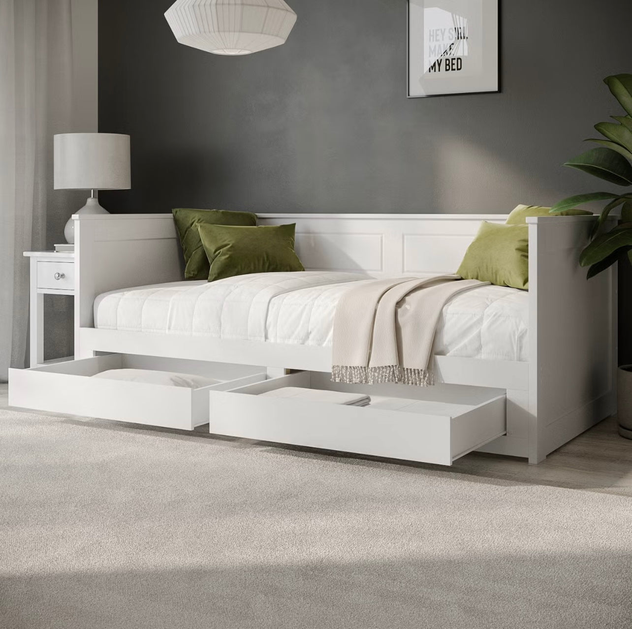 White Daybed Guest Double Bed with Pull Out Trundle and Storage Drawers