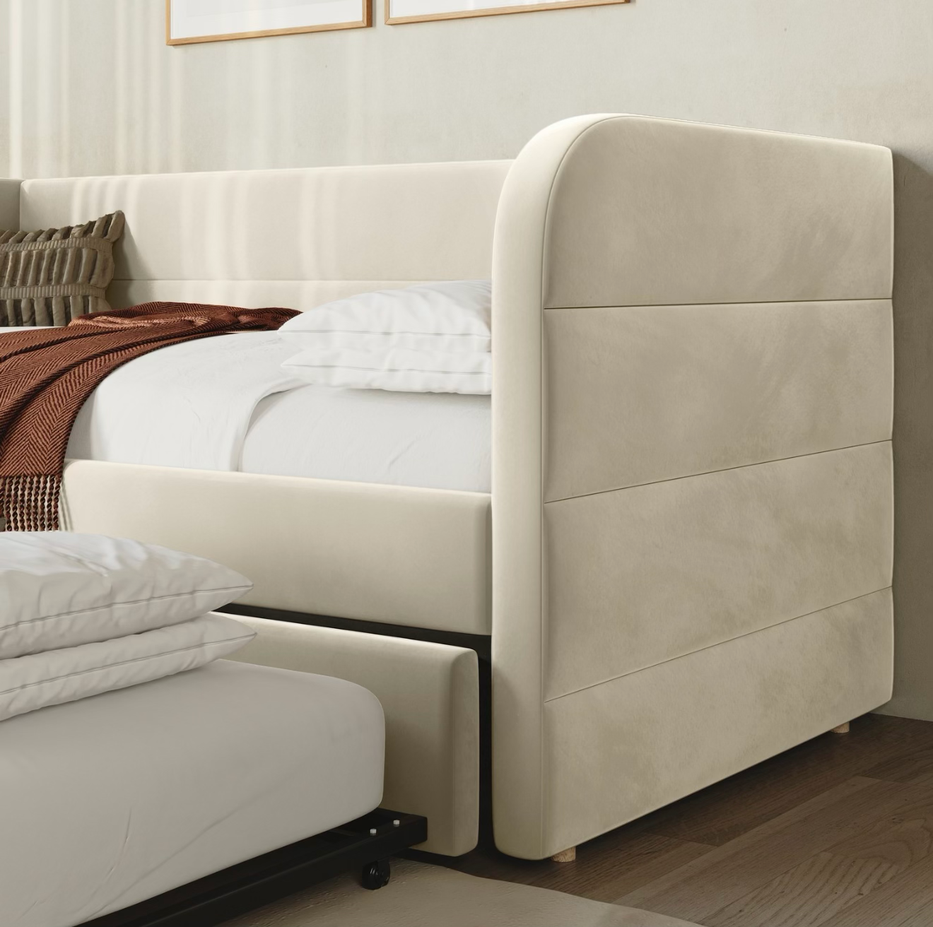 Velvet Daybed Single Guest Bed with Pull Out Trundle