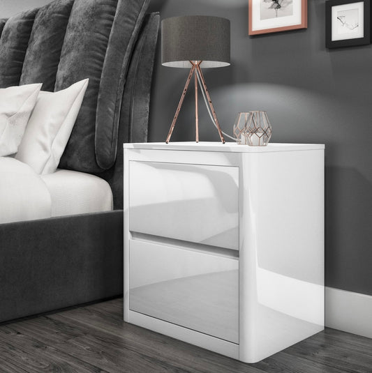 White Bedside Table Wooden 2 Drawers and Curved Edges
