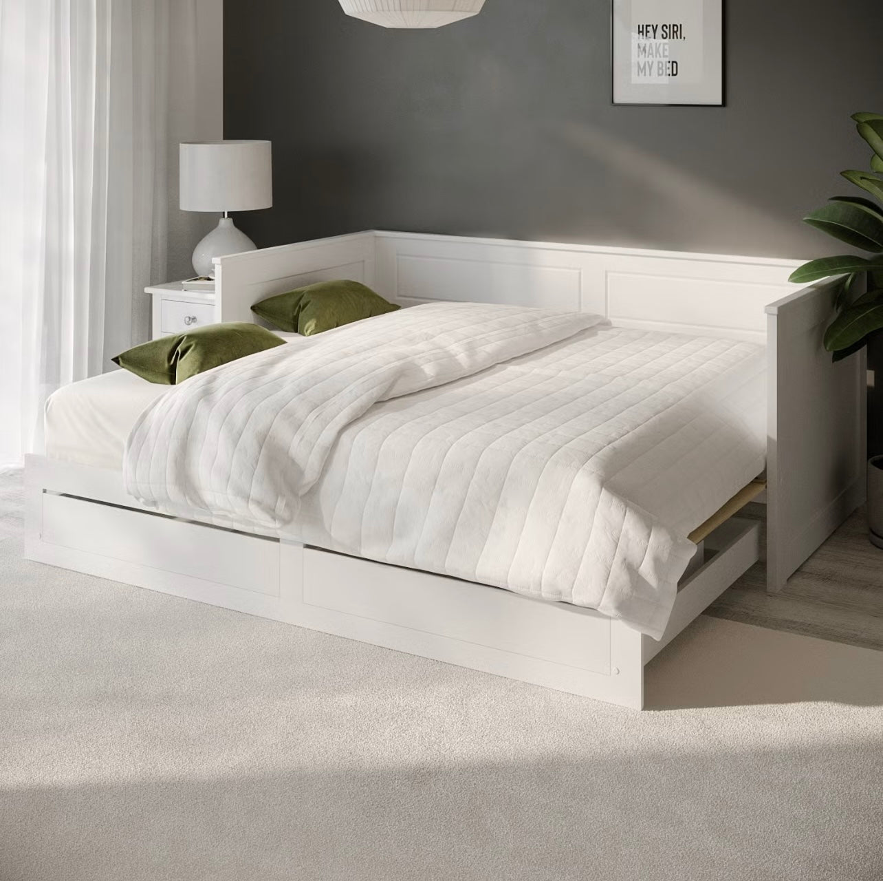 White Daybed Guest Double Bed with Pull Out Trundle and Storage Drawers