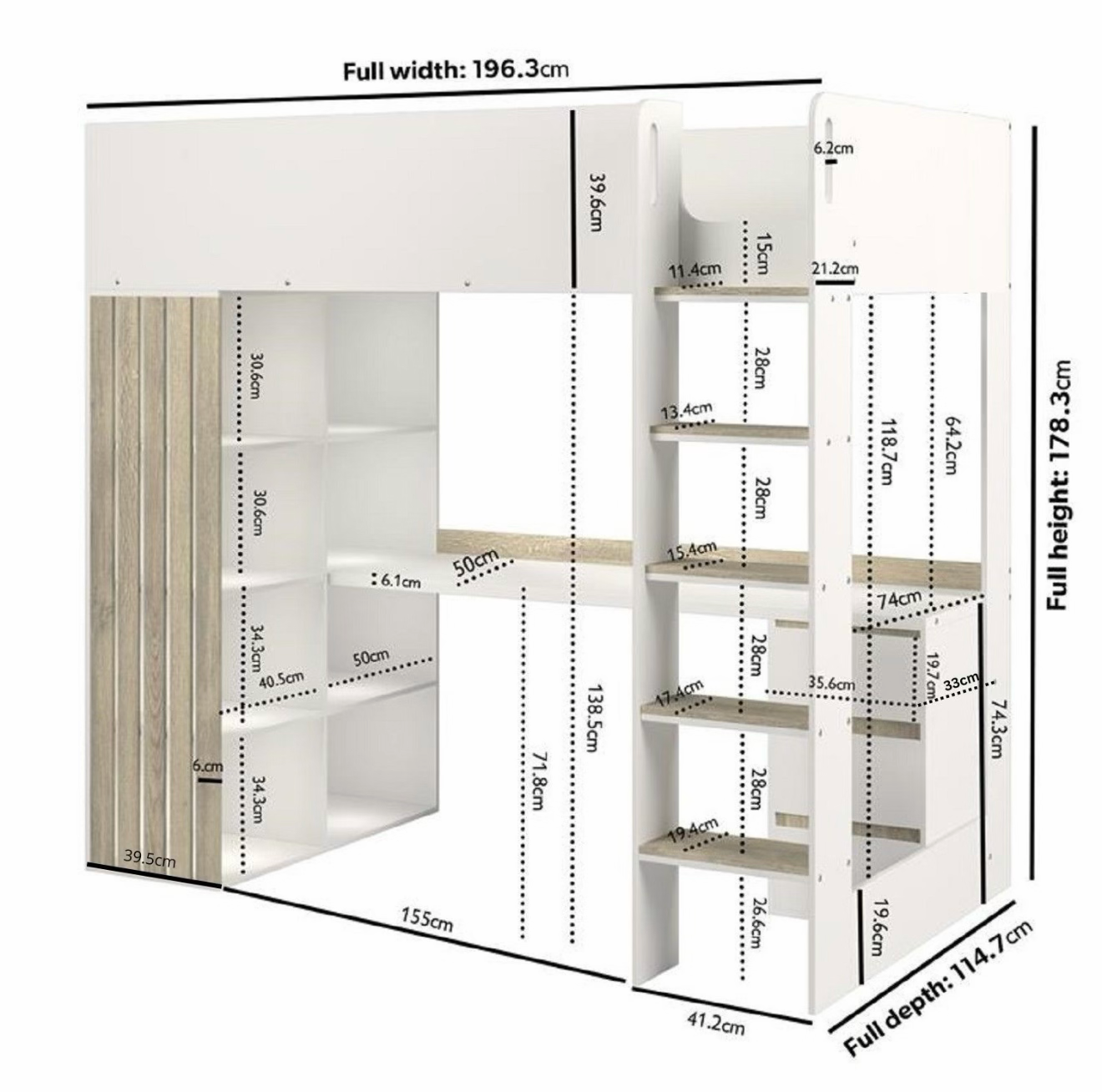 Kids High Sleeper Bed Single with Desk and Storage