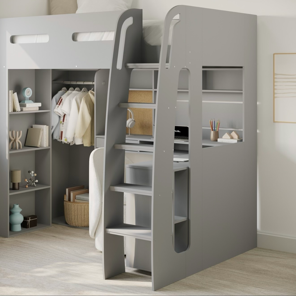 Kids Grey High Sleeper Bed Frame Single with Desk and Clothes Rail