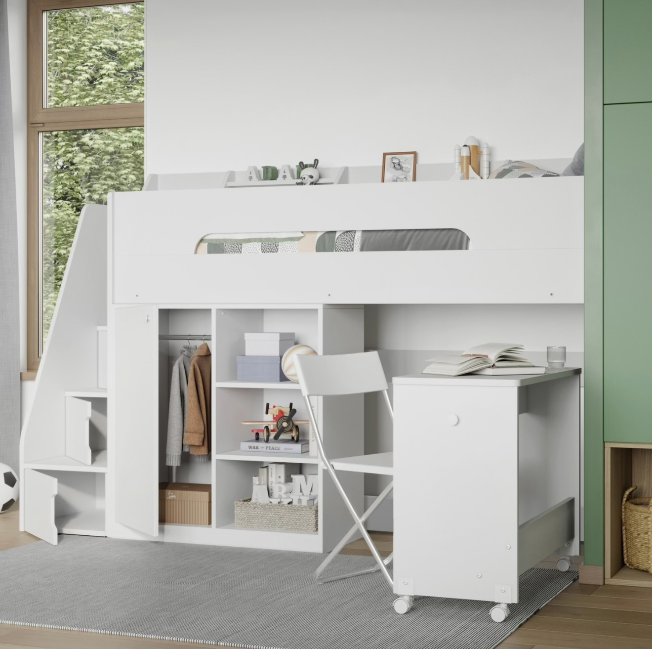 Kids White High Sleeper Bed Single with Desk and Clothes Rail