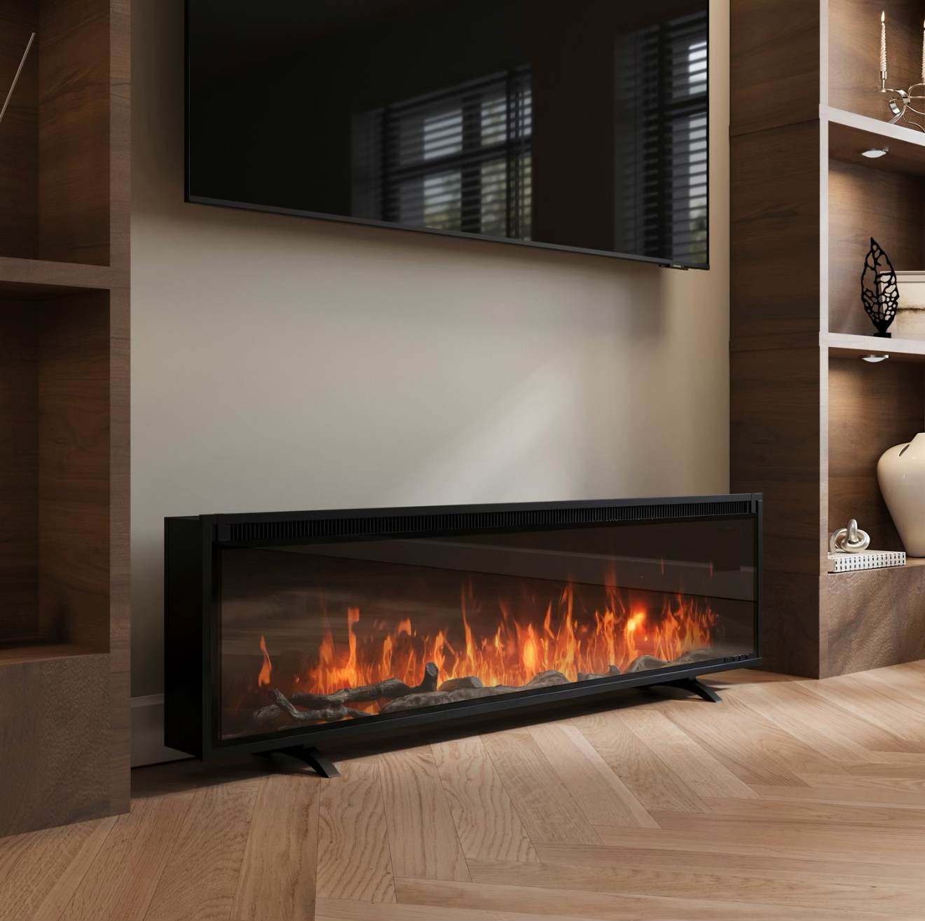 Inset Electric Fire Media Wall 60 Inch with LED Flame and Remote Control