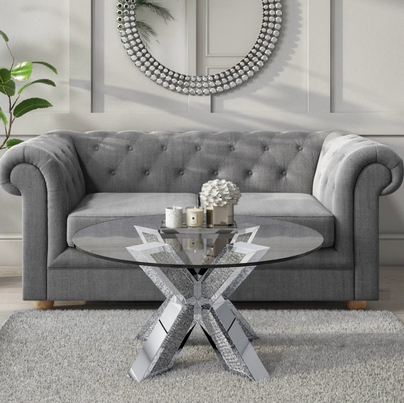 Glass Coffee Table Mirrored Leg Detailing