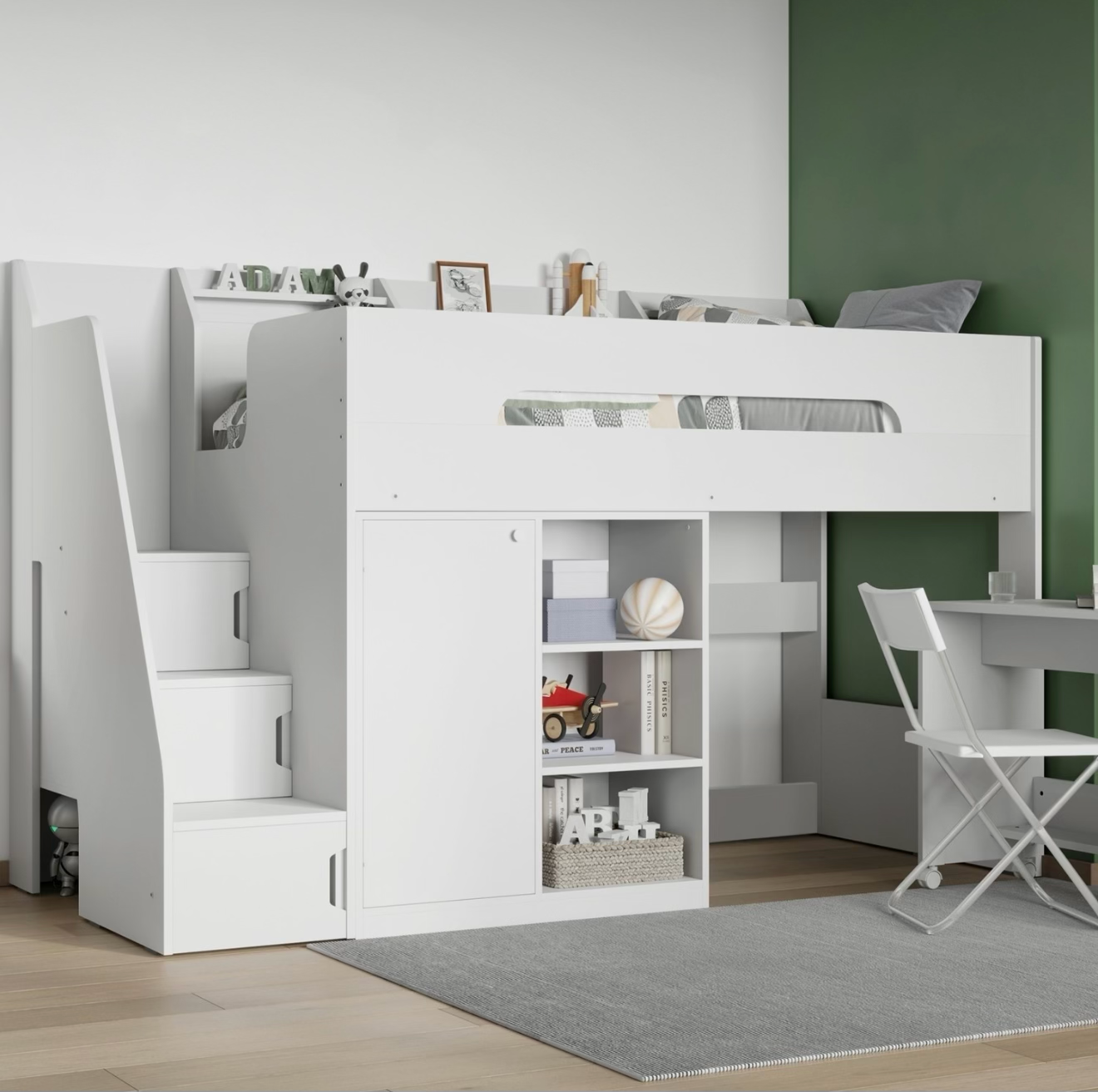 Kids White High Sleeper Bed Single with Desk and Clothes Rail