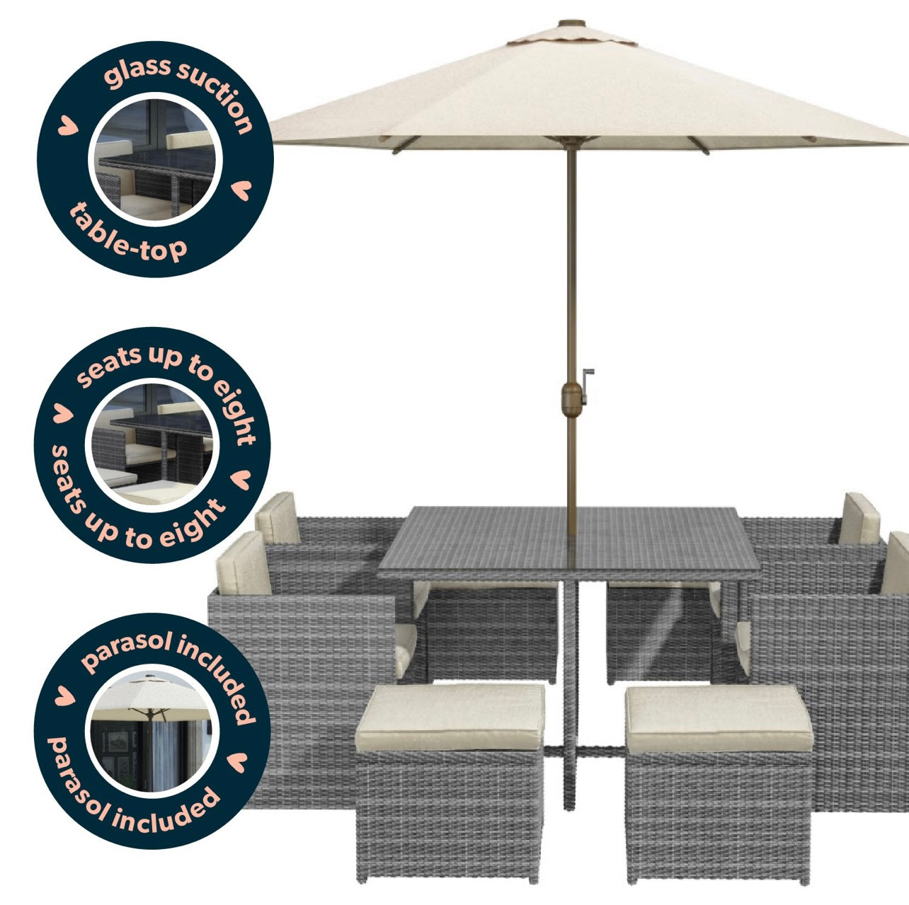 Rattan Garden Dining Set 8 Seater in Grey